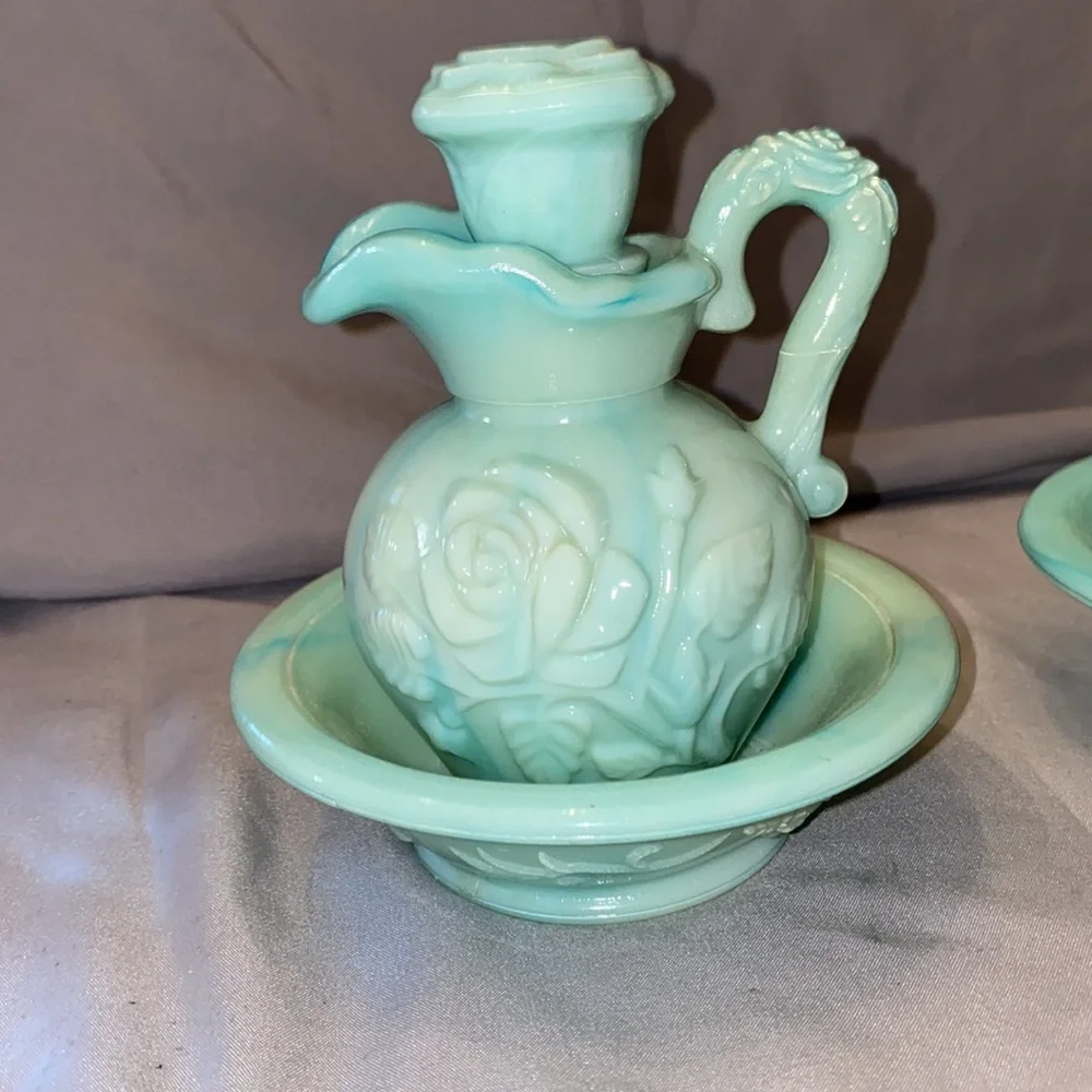 Bx47 Vintage 3 1970s Avon Bowl and Pitcher Moonwind Foaming Bath Oil Bottle